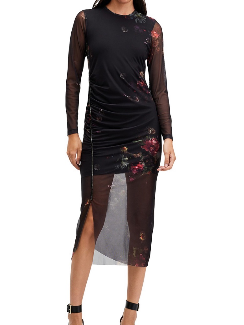 All Saints Sheer Black Floral Mesh Midi Dress